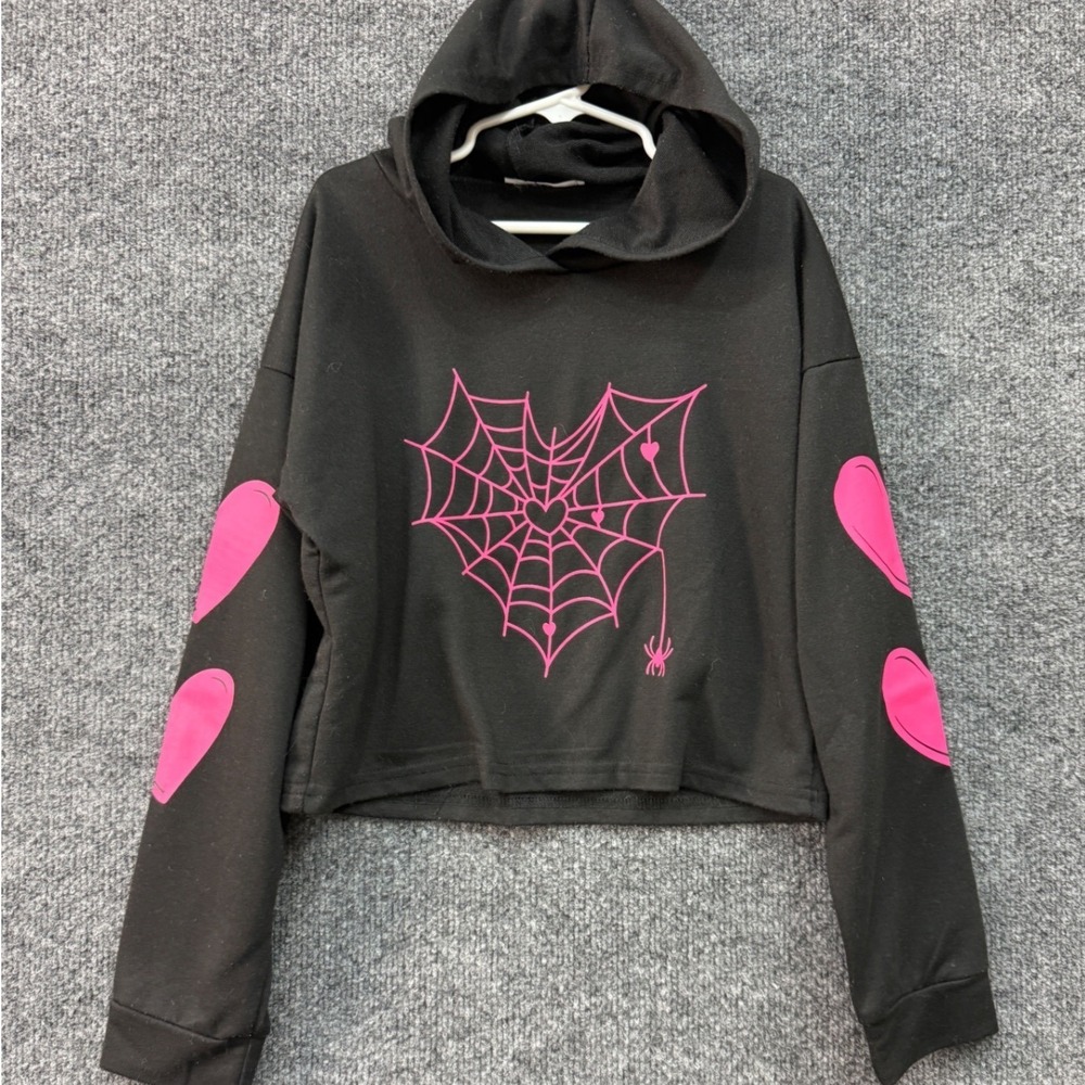 Cropped Hoodie Kids 140 (9-10) Black with Pink Spider Web Heart Sweatshirt Goth